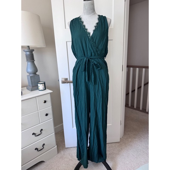 Juniper Blu Pants - Juniper Blu Womens Forest Green Lace Trim Surplice V-Neck Wide Leg Jumpsuit